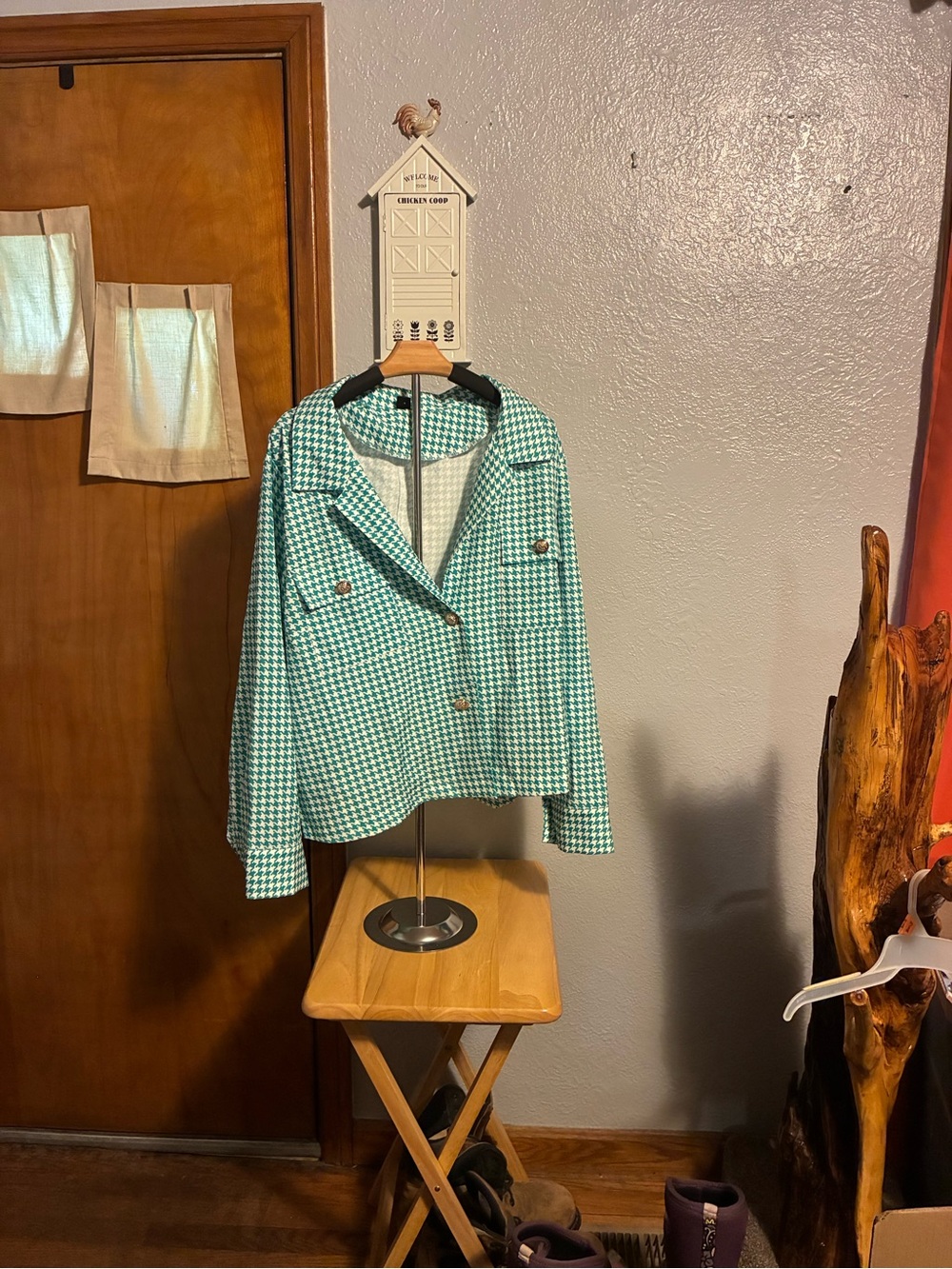 SHEIN Teal Houndstooth Cropped Blazer